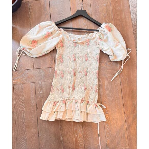 For Love Bell Puff Sleeve Smocked Floral Mini Dress Ruffles Size Medium - Picture 1 of 12